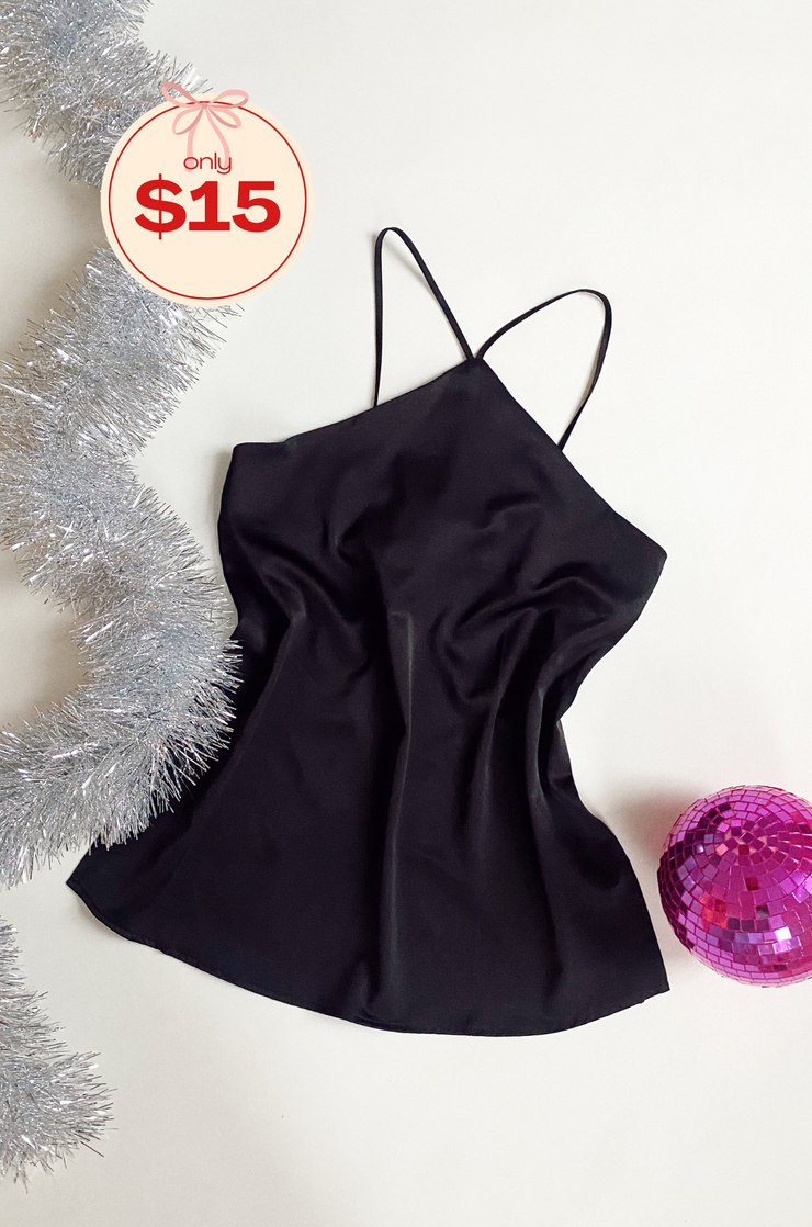 Rhea Satin Halter Tank Tunic Black