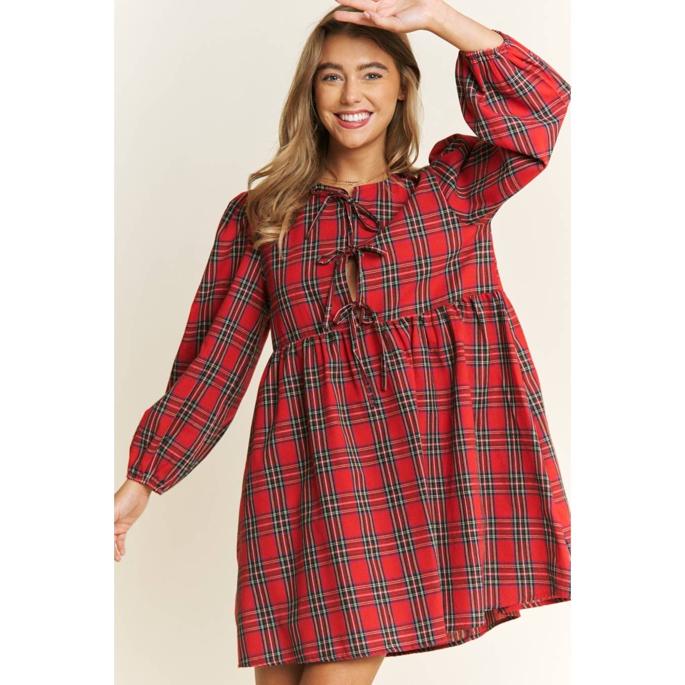 Soft Plaid Woven Fabric Babydoll Bow Mini Dress Red Combo / Small Soft Plaid Woven Fabric Babydoll Bow Mini Dress Red Combo / Small