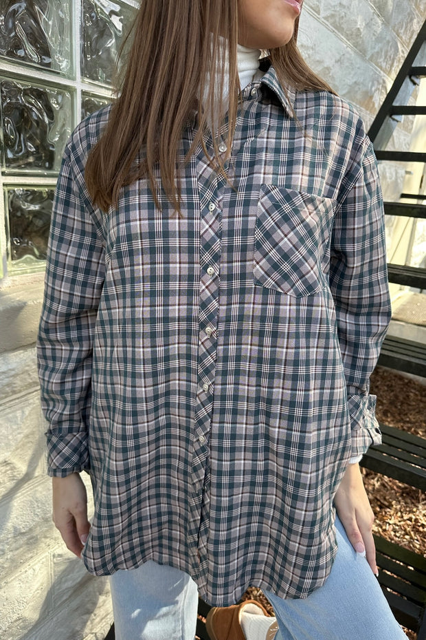 Trina Plaid Oversized Button Up Top Navy