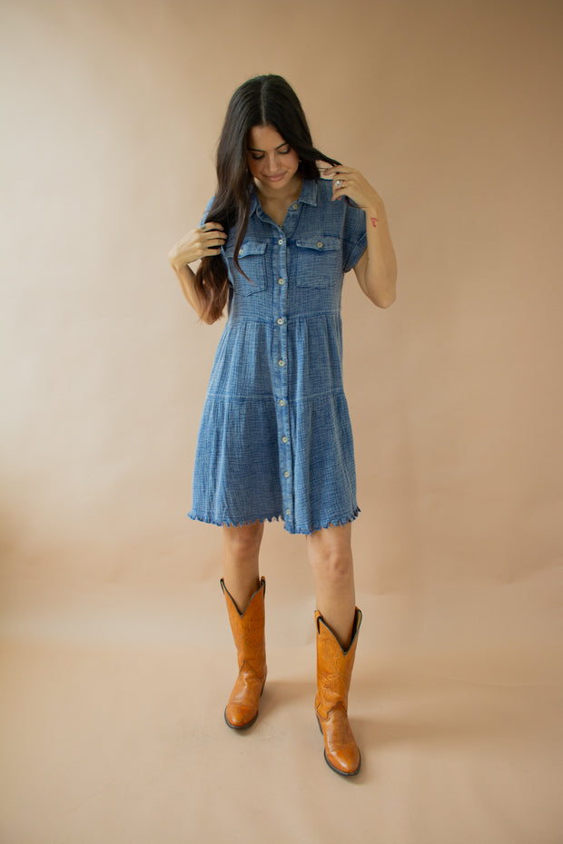 Ayla Acid Wash Frayed Dress Blue