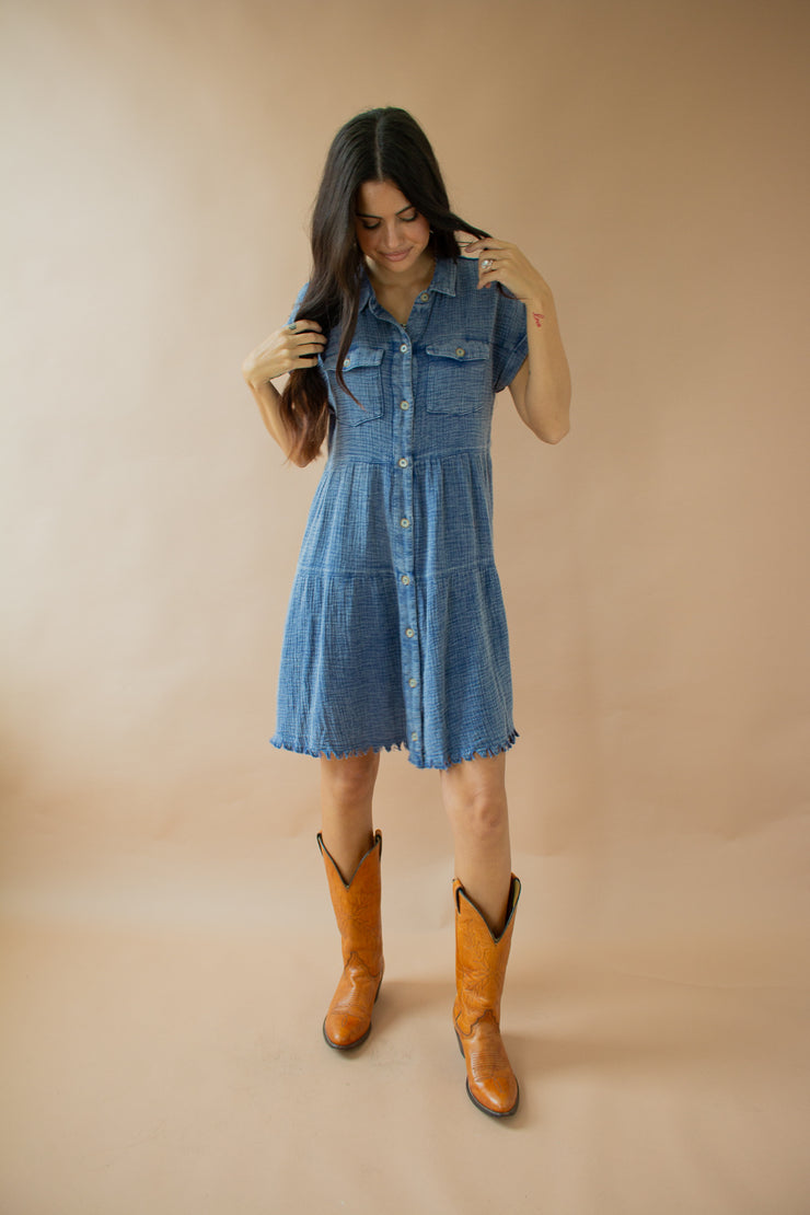 Ayla Acid Wash Frayed Dress Blue