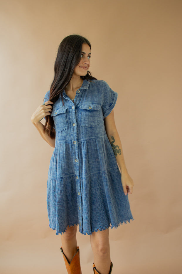 Ayla Acid Wash Frayed Dress Blue