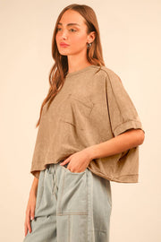 NT11429-Mineral Washed Oversized Crop Comfy Knit Top: TAUPE / S-M-L/2-2-2