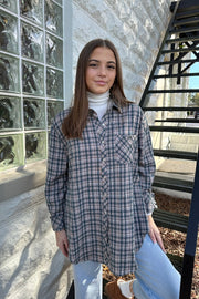Trina Plaid Oversized Button Up Top Navy