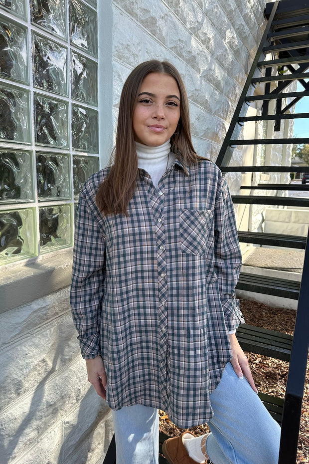 Trina Plaid Oversized Button Up Top Navy