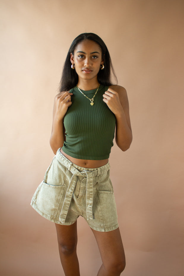 Emma Mineral Wash High Waist Shorts Olive