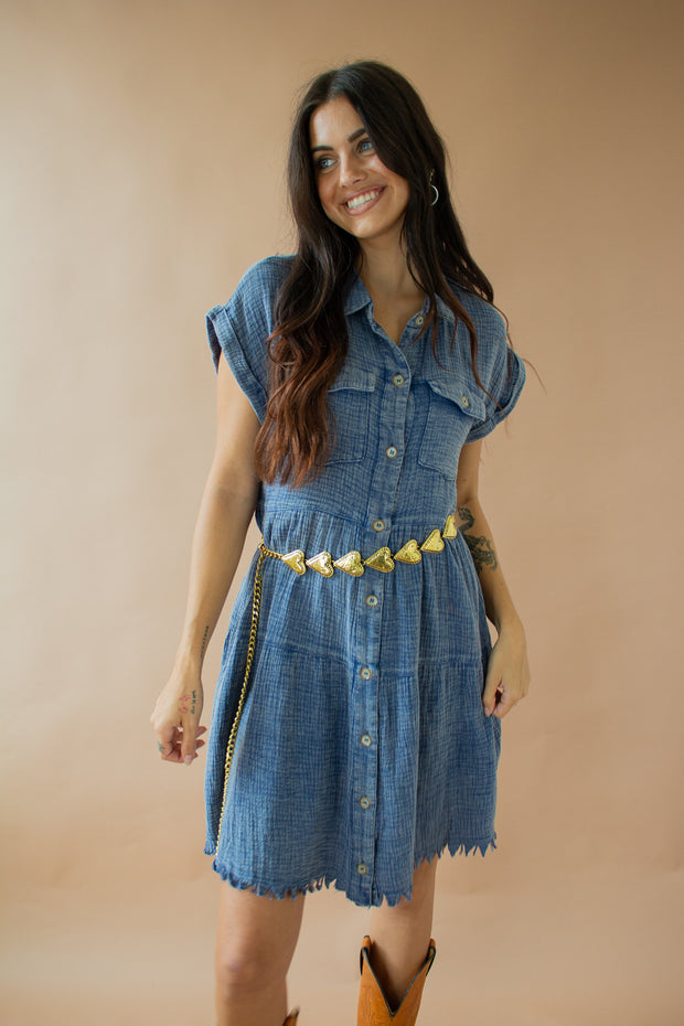 Ayla Acid Wash Frayed Dress Blue