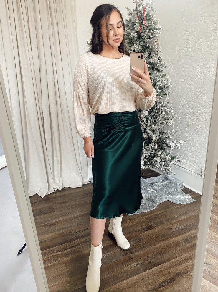 Beau Satin Ruched Midi Skirt Green