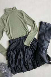 Hazel Ruffled Leather Skirt Black