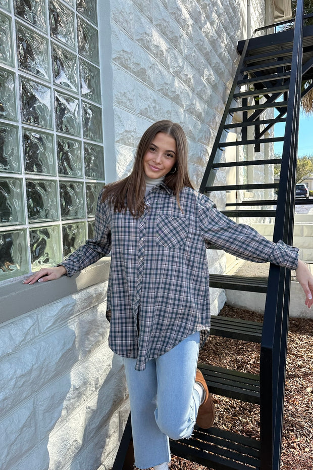 Trina Plaid Oversized Button Up Top Navy