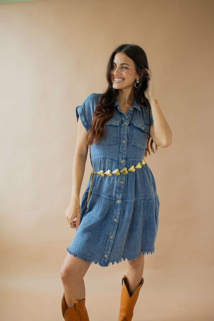 Ayla Acid Wash Frayed Dress Blue