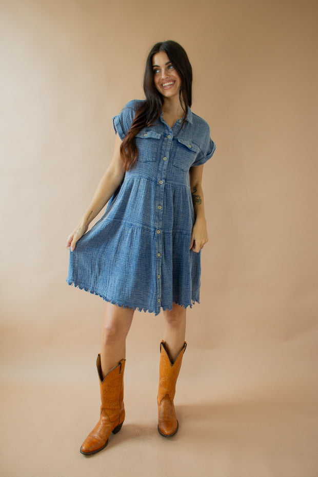 Ayla Acid Wash Frayed Dress Blue