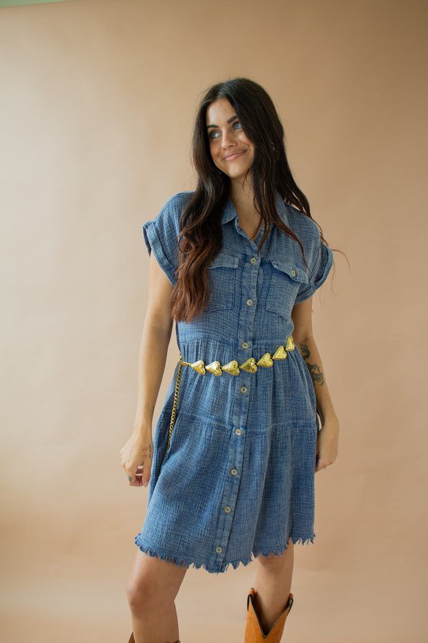 Ayla Acid Wash Frayed Dress Blue