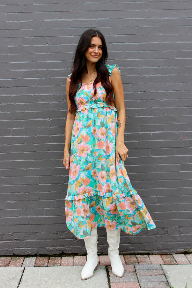 Roxi Watercolor Floral Maxi Dress Blue