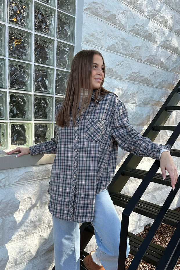 Trina Plaid Oversized Button Up Top Navy