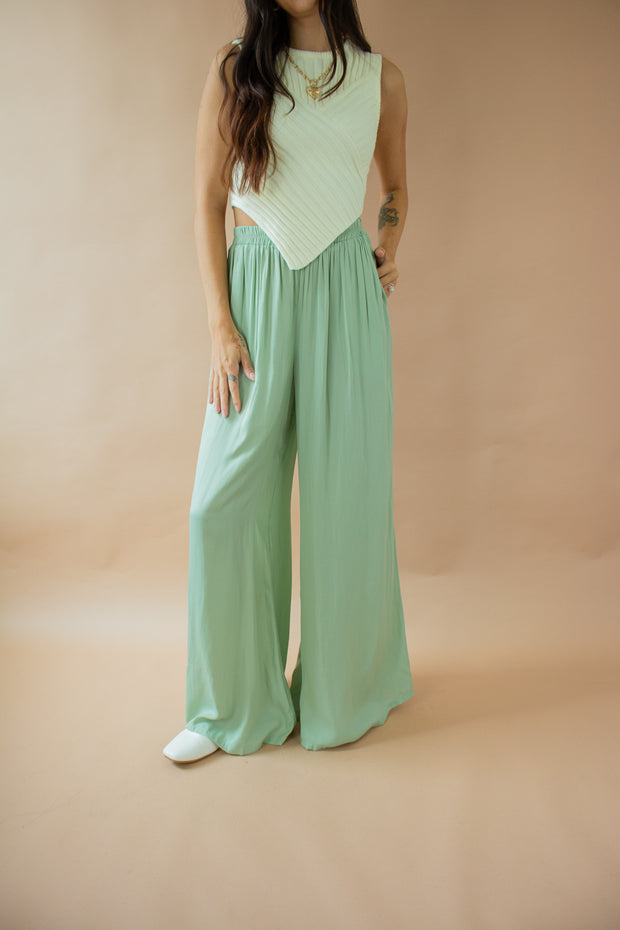 Ann Satin Palazzo Pants Sage