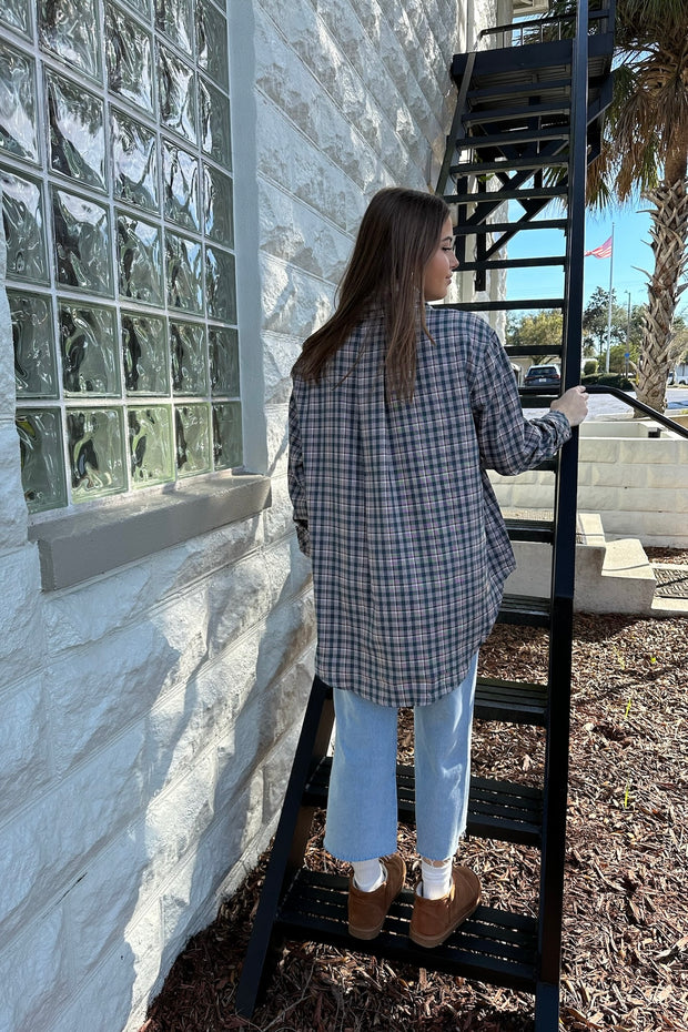 Trina Plaid Oversized Button Up Top Navy