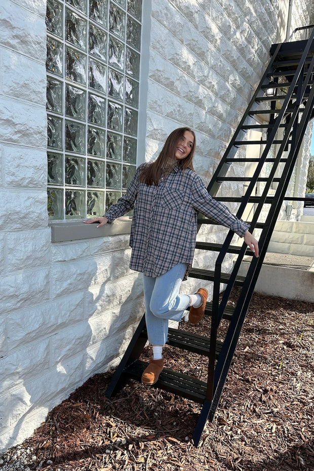 Trina Plaid Oversized Button Up Top Navy