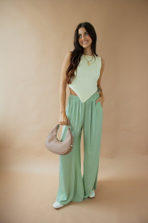 Ann Satin Palazzo Pants Sage