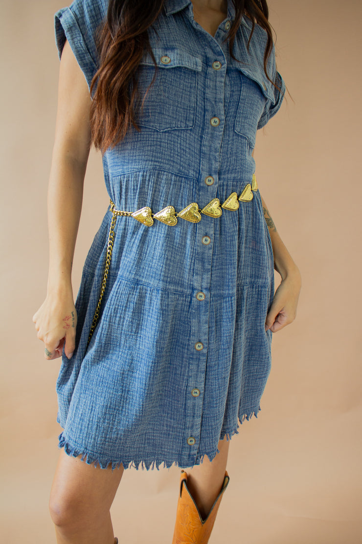 Ayla Acid Wash Frayed Dress Blue