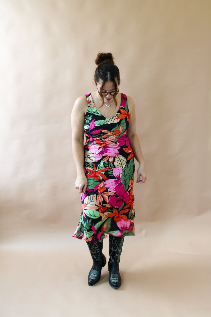 Paradise Floral Satin Dress Black