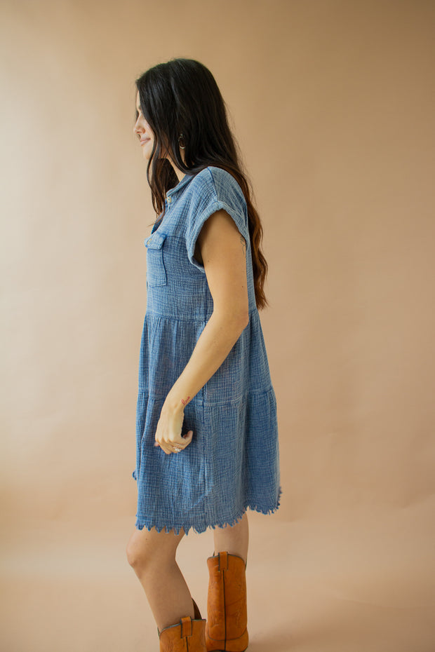 Ayla Acid Wash Frayed Dress Blue