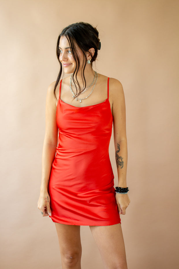 Satin Fever Cowl Neck Dress Red