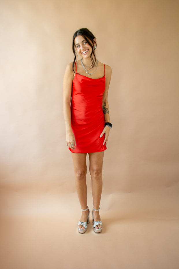 Satin Fever Cowl Neck Dress Red