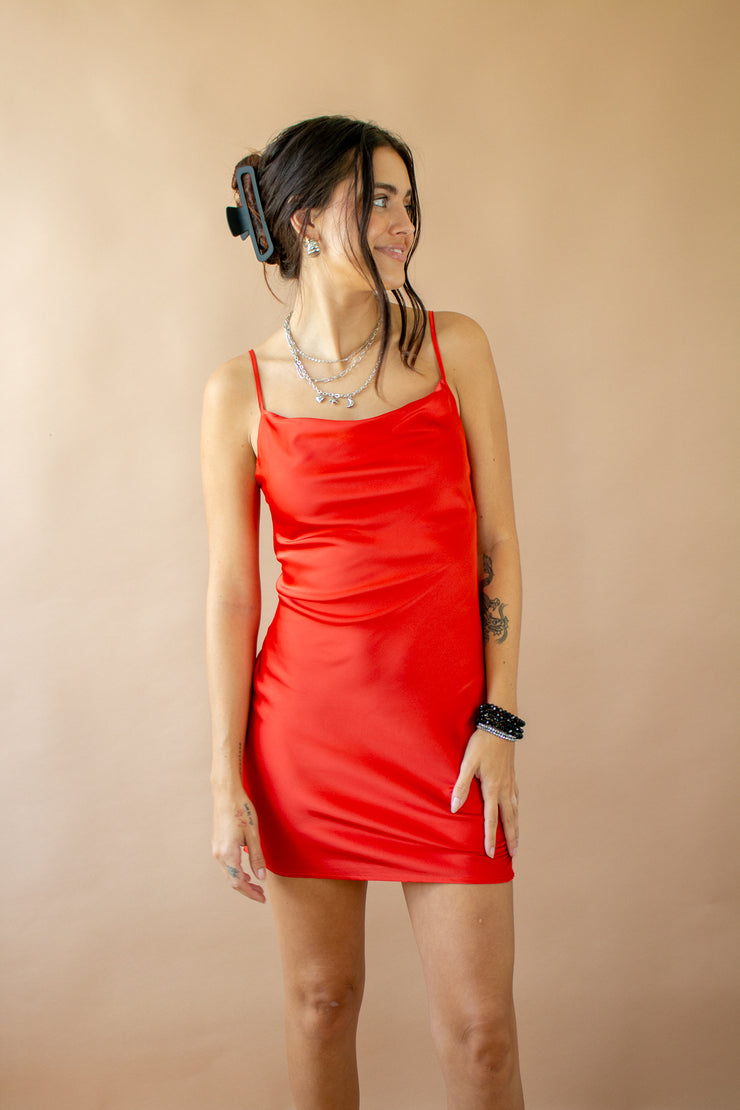 Satin Fever Cowl Neck Dress Red