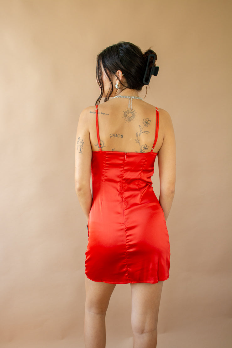 Satin Fever Cowl Neck Dress Red