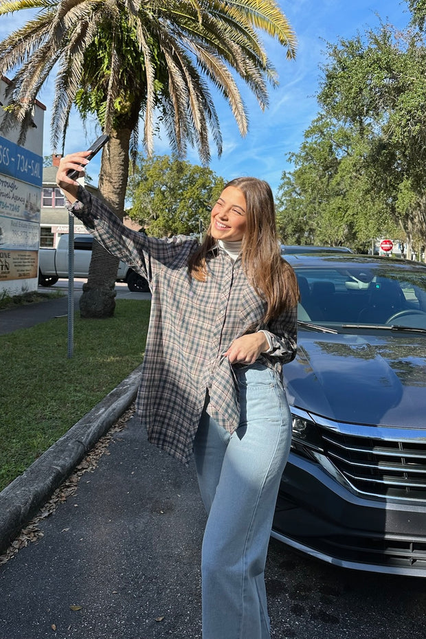 Trina Plaid Oversized Button Up Top Navy