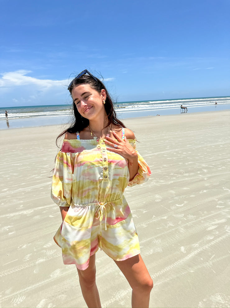 Gina Tie Dye Off Shoulder Romper Yellow