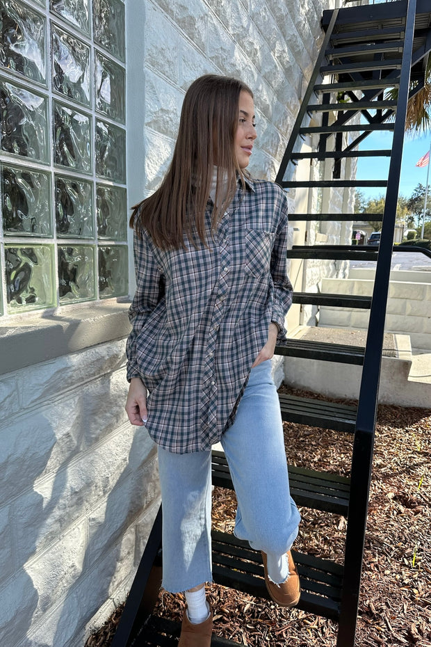 Trina Plaid Oversized Button Up Top Navy