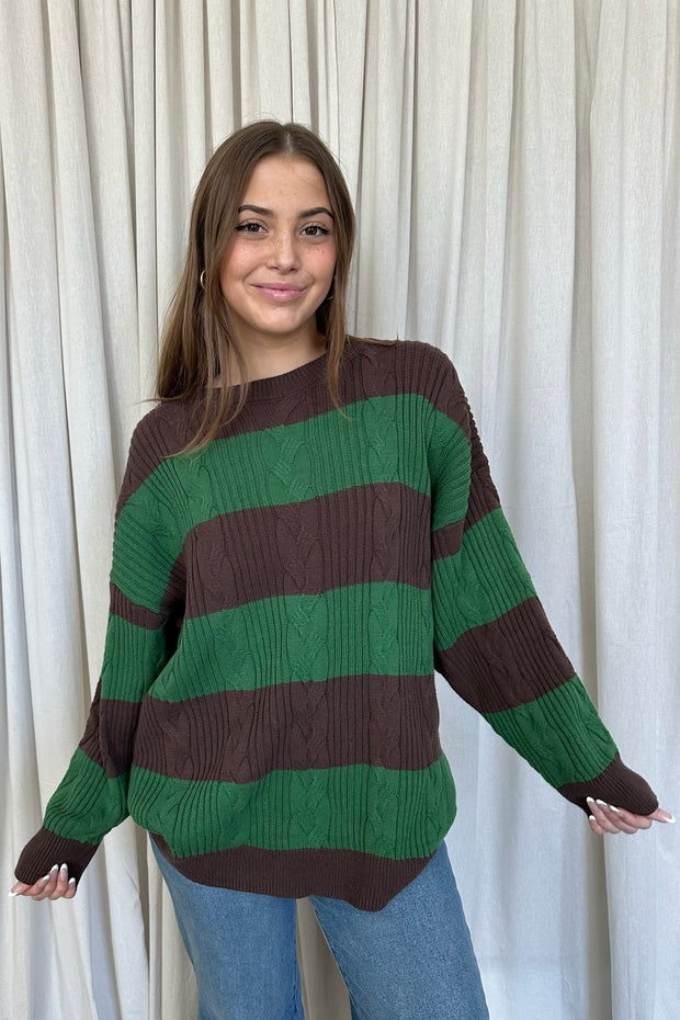 Caity Stripe Cable Knit Sweater Brown