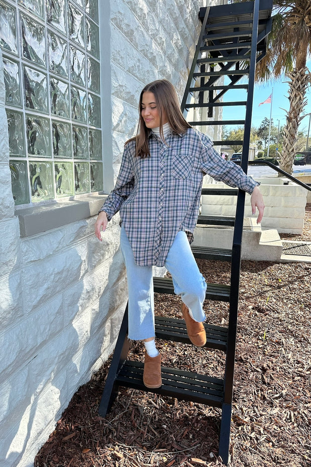 Trina Plaid Oversized Button Up Top Navy