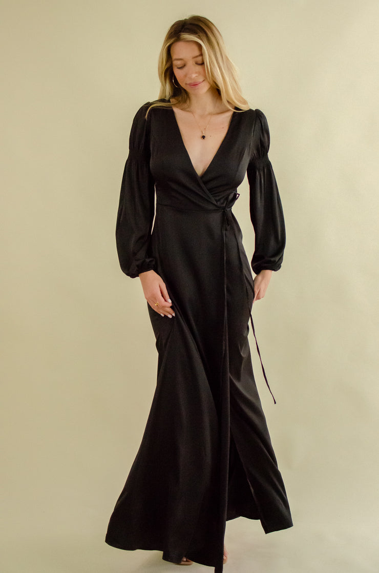 Nicole Long Sleeve Satin Gown Black