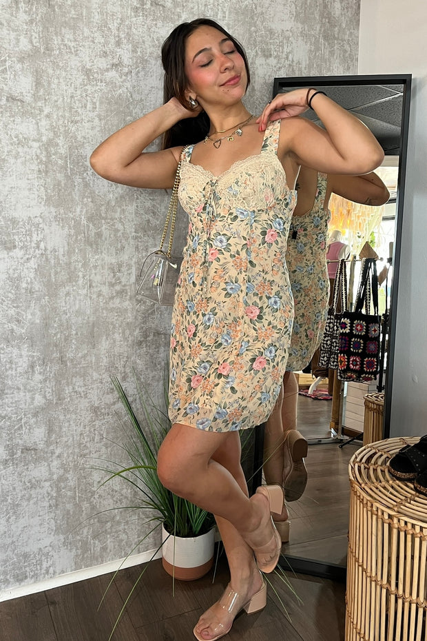 Angela Floral Lace Mini Dress Beige