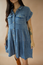 Ayla Acid Wash Frayed Dress Blue