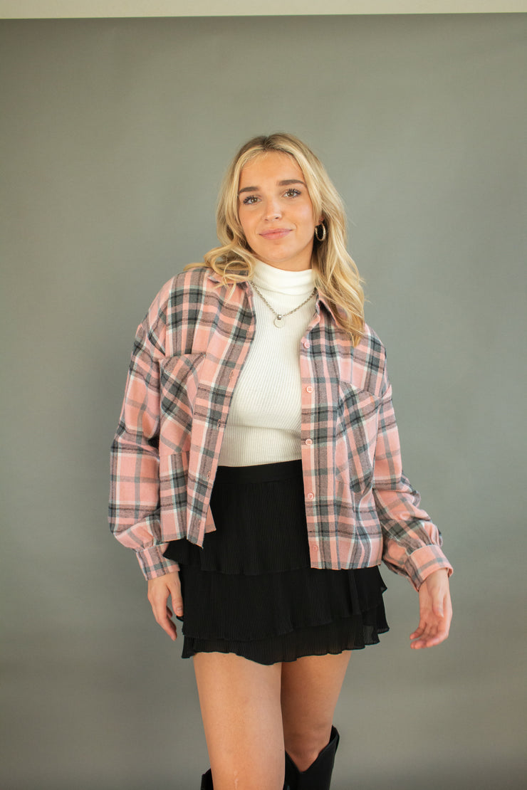 Gloria Plaid Cropped Shacket Pink