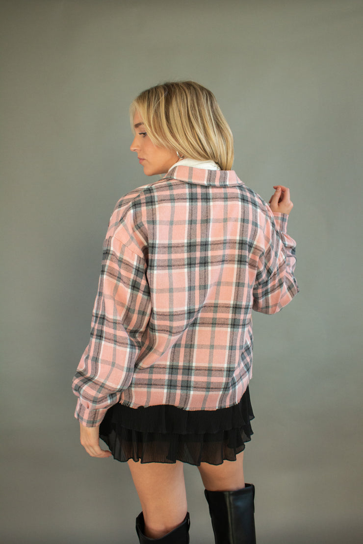 Gloria Plaid Cropped Shacket Pink
