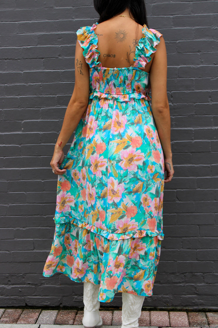 Roxi Watercolor Floral Maxi Dress Blue