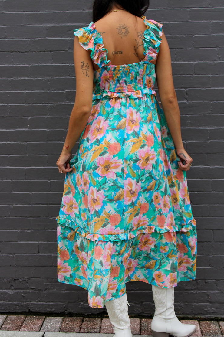 Roxi Watercolor Floral Maxi Dress Blue