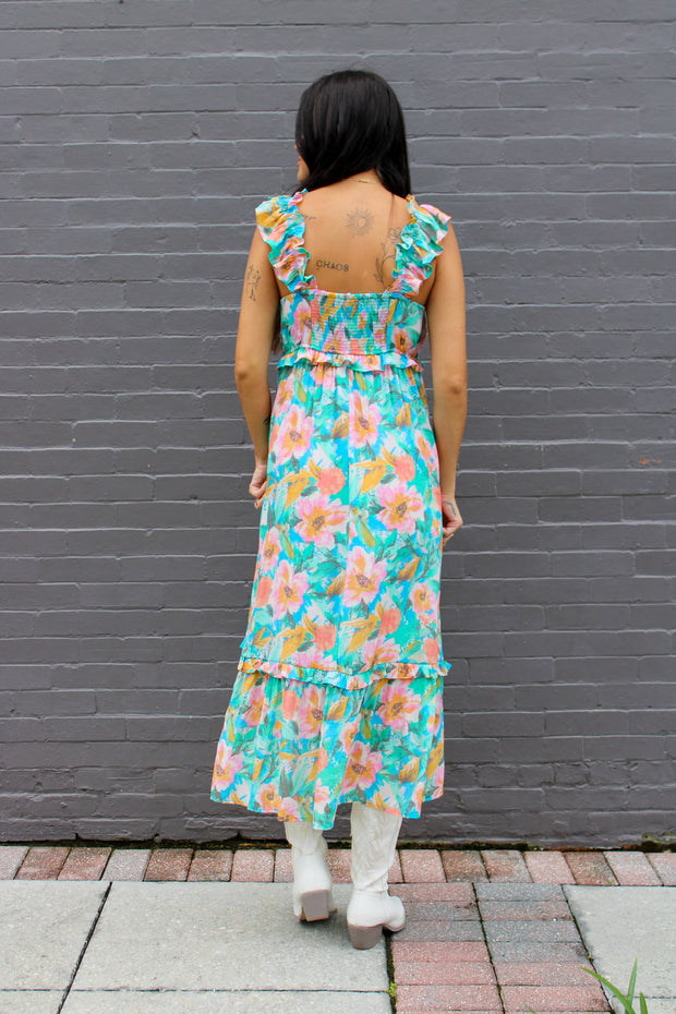 Roxi Watercolor Floral Maxi Dress Blue