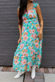 Roxi Watercolor Floral Maxi Dress Blue