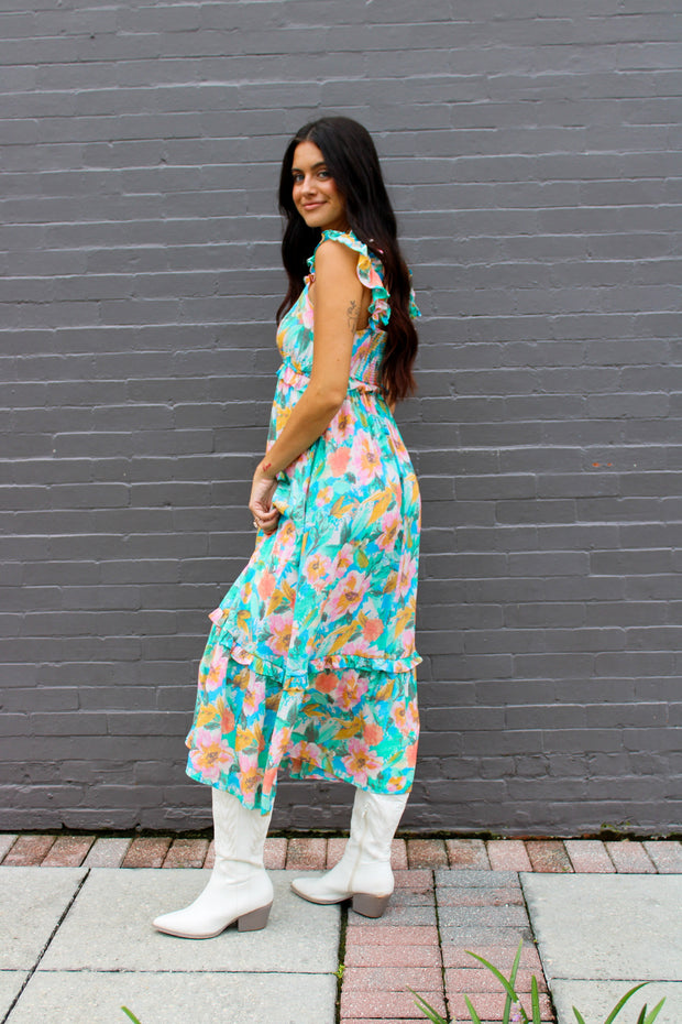 Roxi Watercolor Floral Maxi Dress Blue