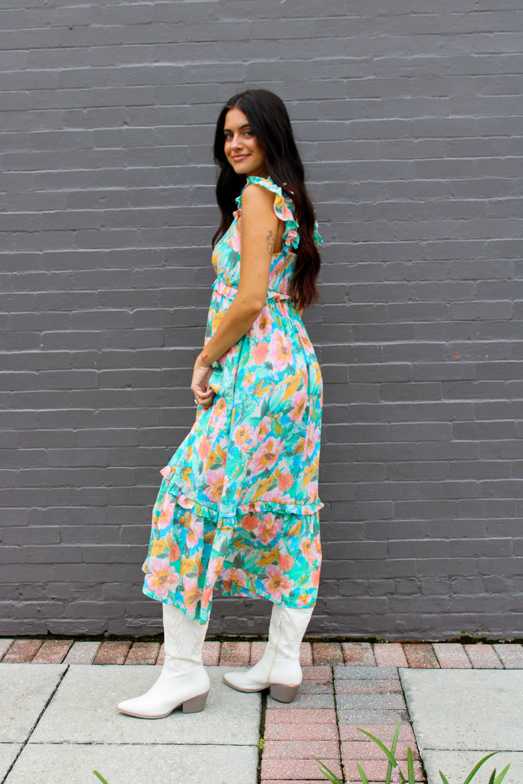 Roxi Watercolor Floral Maxi Dress Blue