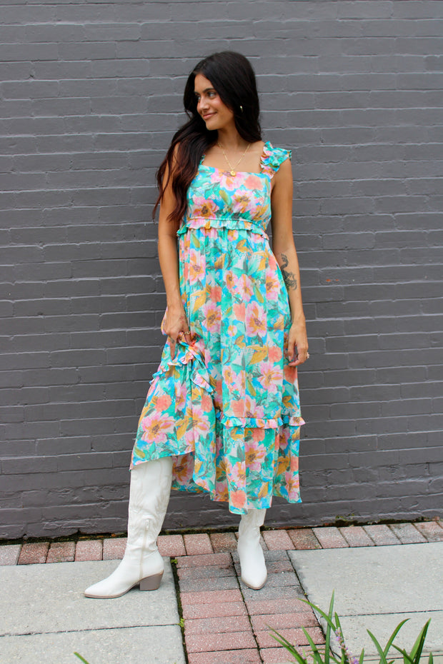 Roxi Watercolor Floral Maxi Dress Blue