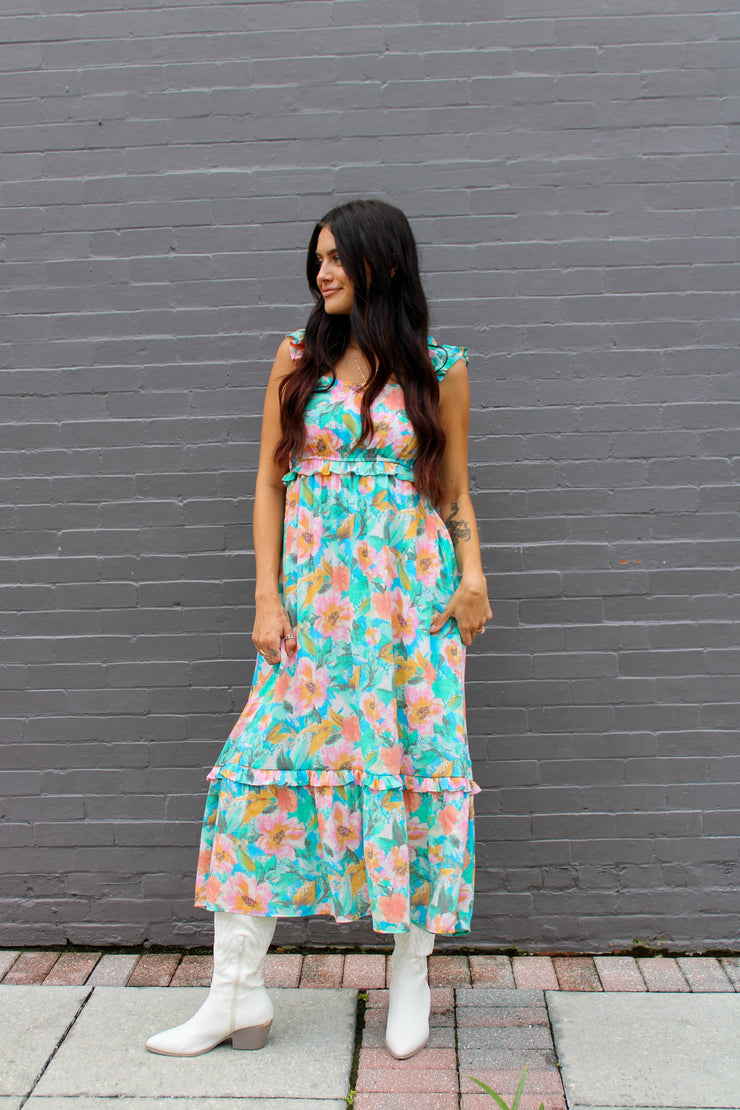 Roxi Watercolor Floral Maxi Dress Blue