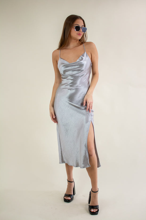 Mattie Satin Cowl Midi Dress Grey