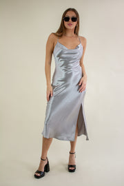Mattie Satin Cowl Midi Dress Grey